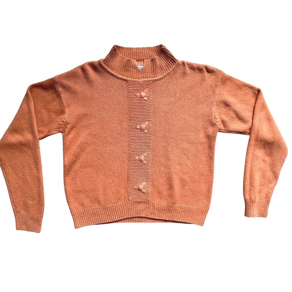 Erika Sweaters - Vintage Silk Angora Blend Mock Neck Sweater Orange Floral Rosettes Size M